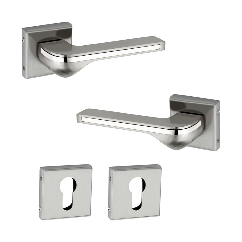 Shrida Modern Zinc & Stainless-Steel Door Handle Set – Premium Lever Design on Rose Plate | Satin Silver Finish | Includes Keyhole Covers, Screws & Allen Key | Model 358 - Image 2