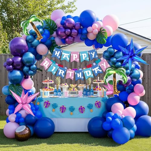 yeewaka Blue pink purple Balloon Garland Kit with Hawaii Ohana theme birthday banner plam tree mylar balloons for Summer Tropical aloha cartoon birthday party gender reveal Baby shower decorations - Image 1