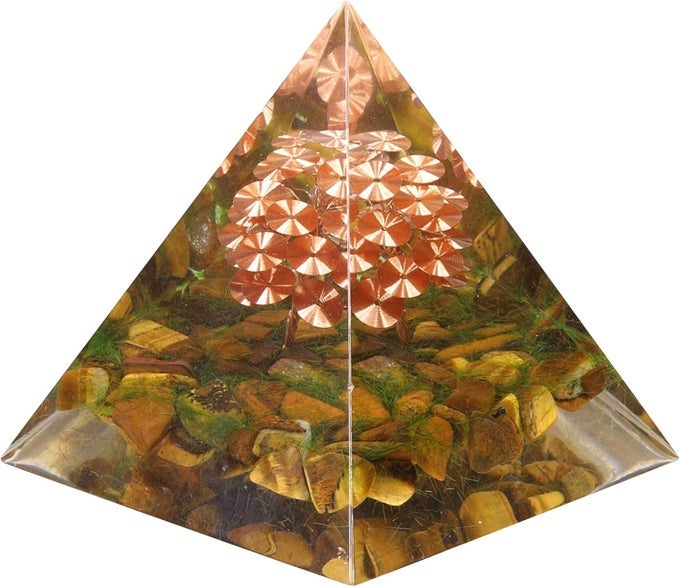 TIGER'S EYE CRYSTAL ORGONE PYRAMID WITH COPPER WIRE TREE OF LIFE, HEALING STONES ORGONITE ENERGY GENERATOR FOR PROTECTION MEDITATION HOME DECOR