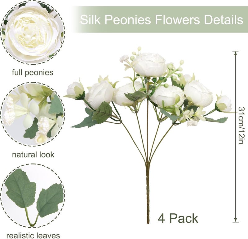 SOMYTING Peony Artificial Flowers, Faux Peony Bouquet 4 Bundles White Flowers Silk Peonies Bouquets Fake Peonies Artificial Flower Peonies for Wedding Party Centerpiece Table Home Decor (White) - Image 2