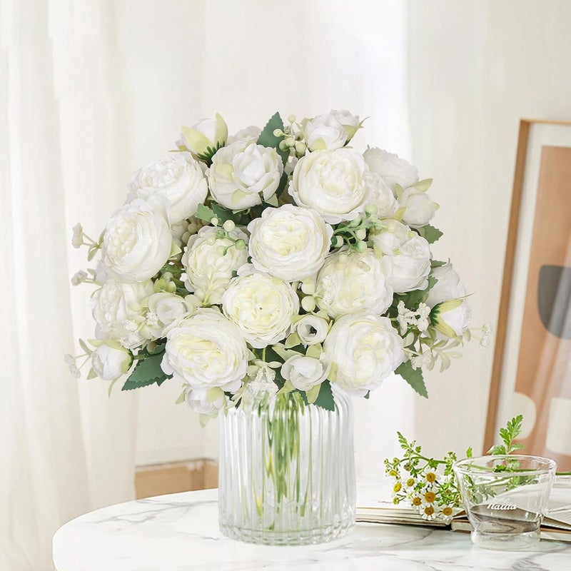SOMYTING Peony Artificial Flowers, Faux Peony Bouquet 4 Bundles White Flowers Silk Peonies Bouquets Fake Peonies Artificial Flower Peonies for Wedding Party Centerpiece Table Home Decor (White) - Image 3
