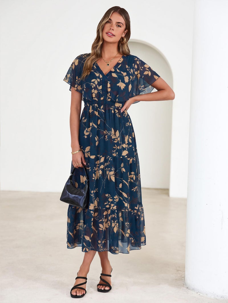 Simplee Womens Floral Boho Maxi Dress Spring Fall Wedding Guest V Neck Ruffle Short Sleeve Western Dresses Dark Blue M - Image 5