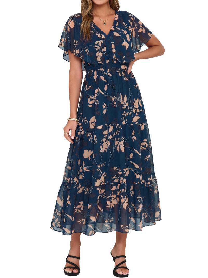 Simplee Womens Floral Boho Maxi Dress Spring Fall Wedding Guest V Neck Ruffle Short Sleeve Western Dresses Dark Blue M - Image 1