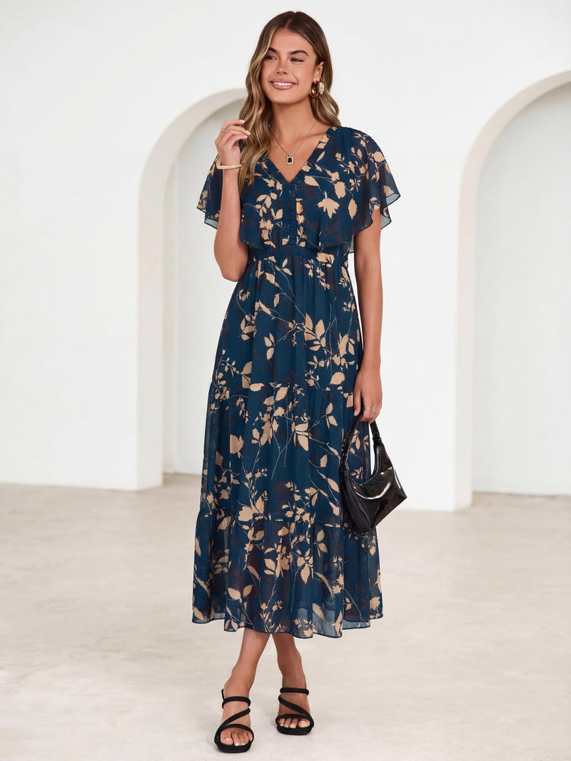 Simplee Womens Floral Boho Maxi Dress Spring Fall Wedding Guest V Neck Ruffle Short Sleeve Western Dresses Dark Blue M - Image 3