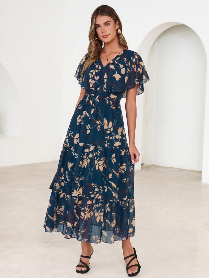 Simplee Womens Floral Boho Maxi Dress Spring Fall Wedding Guest V Neck Ruffle Short Sleeve Western Dresses Dark Blue M - Image 2