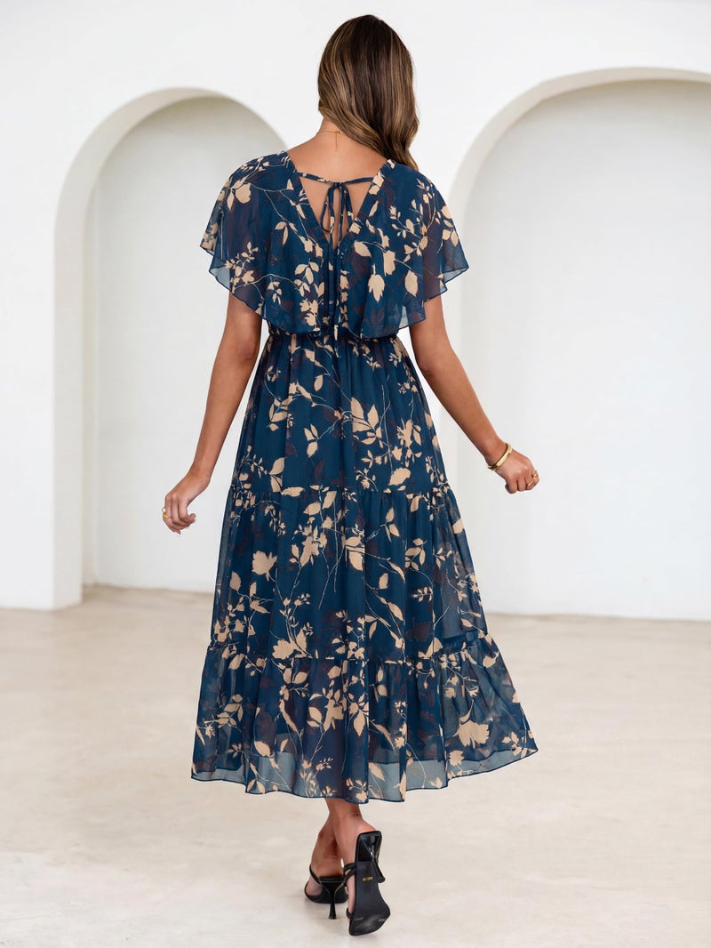 Simplee Womens Floral Boho Maxi Dress Spring Fall Wedding Guest V Neck Ruffle Short Sleeve Western Dresses Dark Blue M - Image 4