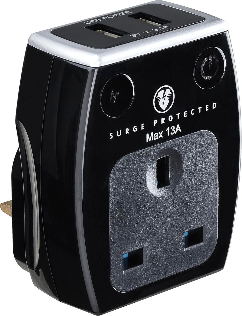 ماستربلاج محول طاقة محمي من التيار الزائد بمقبس واحد من ماستر بلج مع نقطتي شحن USB، محول مقبس ثلاثي الات��اهات وثلاثة مقابس (أسود) - Image 1