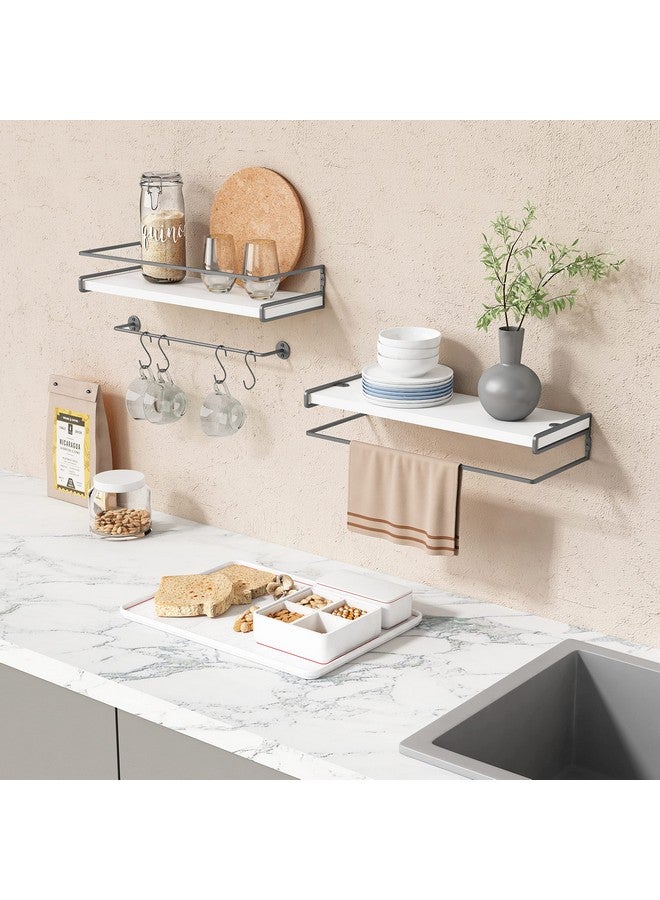 Forbena Forbena White Floating Shelves for Bathroom Organizer Over Toilet, Bathroom Shelves Wall Mounted with Towel Rack, Corner Wall Shelf for Bedroom Decor Kitchen Storage (White-Dark Grey, Set of 2)  - Image 3