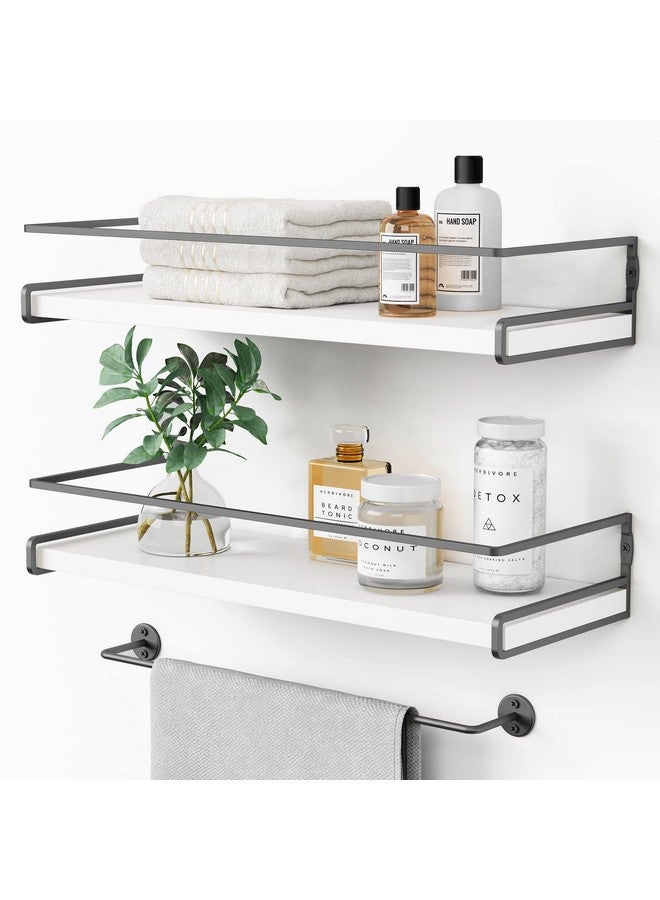 Forbena Forbena White Floating Shelves for Bathroom Organizer Over Toilet, Bathroom Shelves Wall Mounted with Towel Rack, Corner Wall Shelf for Bedroom Decor Kitchen Storage (White-Dark Grey, Set of 2)  - Image 1