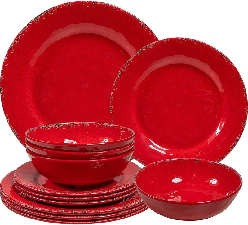 ZAROCRUS 12 Piece Farmhouse Melamine Dinnerware Sets Service For 4 Rustic Crackled Plates and Bowls Sets Melamine Dishes Set for ChristmasWedding Set of 4 Camping Dishes Red - Image 1