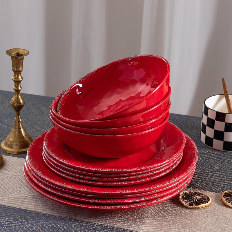 ZAROCRUS 12 Piece Farmhouse Melamine Dinnerware Sets Service For 4 Rustic Crackled Plates and Bowls Sets Melamine Dishes Set for ChristmasWedding Set of 4 Camping Dishes Red - Image 4