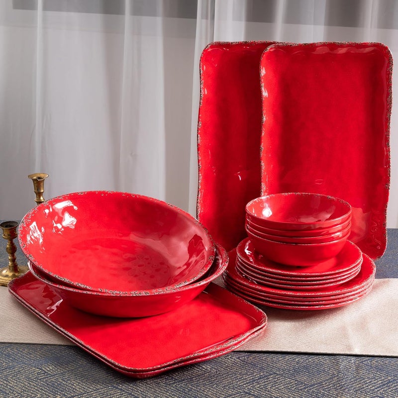 ZAROCRUS 12 Piece Farmhouse Melamine Dinnerware Sets Service For 4 Rustic Crackled Plates and Bowls Sets Melamine Dishes Set for ChristmasWedding Set of 4 Camping Dishes Red - Image 5