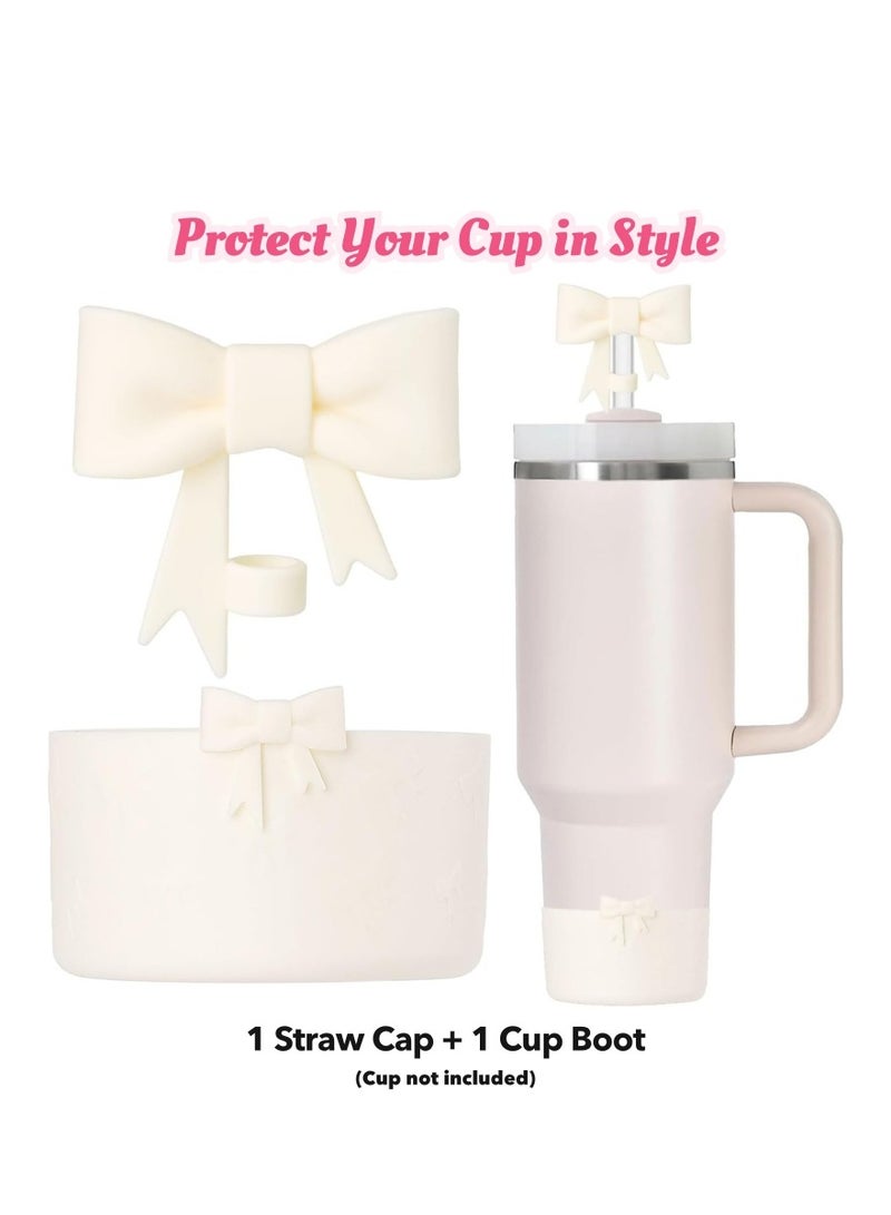 Cream Bow Straw Cover & Tumbler Boot Set – Reusable Silicone Accessories for Stanley 20–40oz, Fits 9–10mm Straws, 2.87–2.95in Base – Stylish Beige for All Cup Colors  - Image 1
