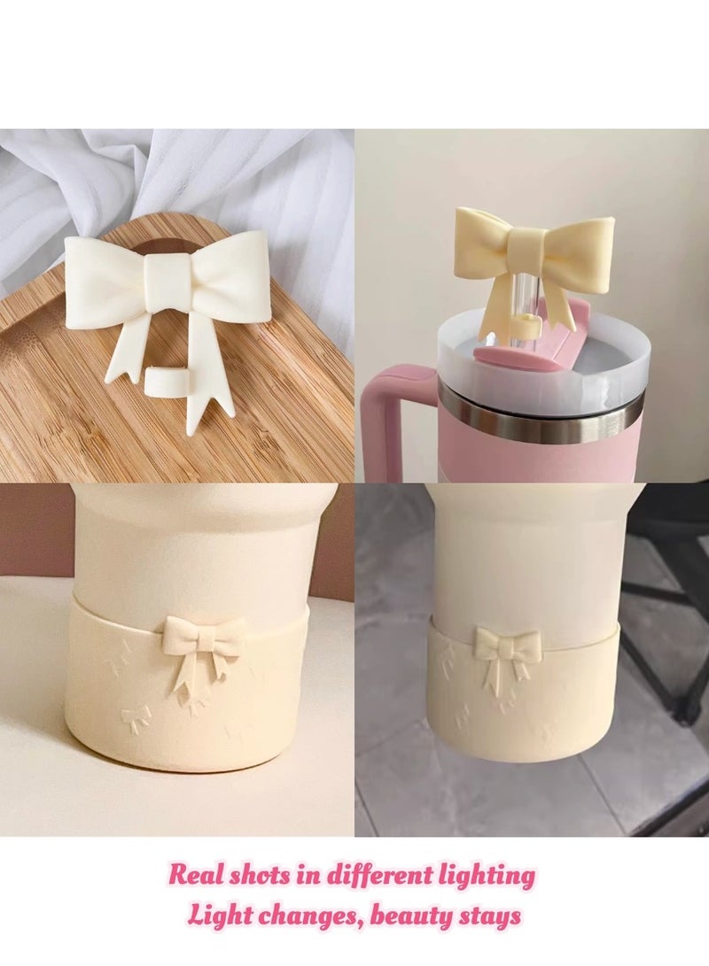 Cream Bow Straw Cover & Tumbler Boot Set – Reusable Silicone Accessories for Stanley 20–40oz, Fits 9–10mm Straws, 2.87–2.95in Base – Stylish Beige for All Cup Colors  - Image 4