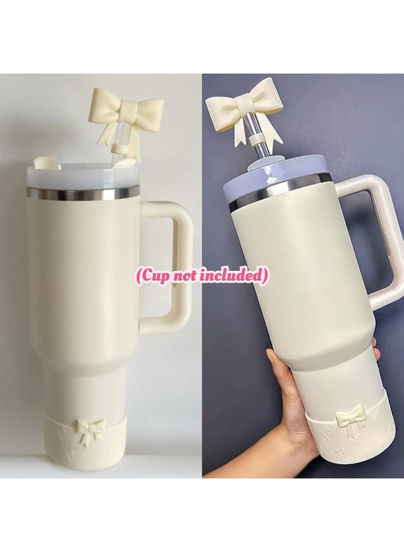 Cream Bow Straw Cover & Tumbler Boot Set – Reusable Silicone Accessories for Stanley 20–40oz, Fits 9–10mm Straws, 2.87–2.95in Base – Stylish Beige for All Cup Colors  - Image 5
