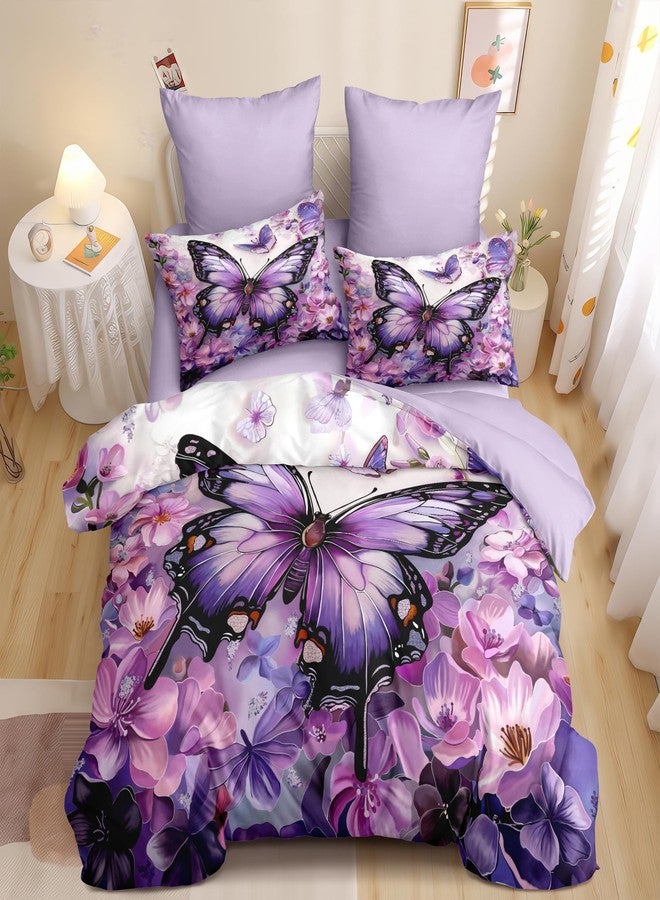 CCoutueChen Butterfly Comforter Set King Size, Purple Victorian Flowers Bedding Sets for Women,Lightweight Down Alternative Comforter - 3Pieces Soft Fluffy Microfiber Quilt with 2 Pillowcases,104*90 - Image 3