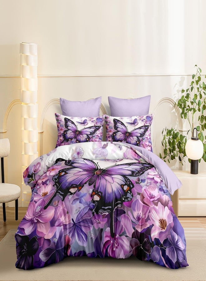 CCoutueChen Butterfly Comforter Set King Size, Purple Victorian Flowers Bedding Sets for Women,Lightweight Down Alternative Comforter - 3Pieces Soft Fluffy Microfiber Quilt with 2 Pillowcases,104*90 - Image 1