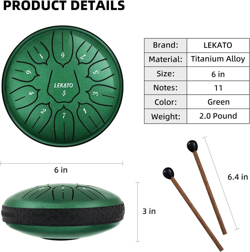 LEKATO Steel Tongue Drum With Bag, 6 Inch 11 Notes Steel Drum Beginner Hanpan Drum Percussion for Meditation Yoga Musical Education, Christmas/New Year Gifts for Families/Friends - Image 2