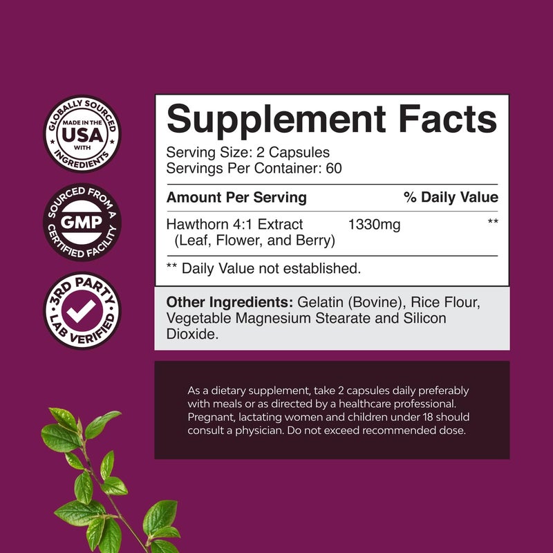 Natures Craft High Strength Hawthorn Berry Capsules - Pure Antioxidant Hawthorn Berry Supplement with Leaf & Flower Extract 4:1 for Heart Health & Digestion - Energy Support for Men & Women - 120 Count Pack - Image 2