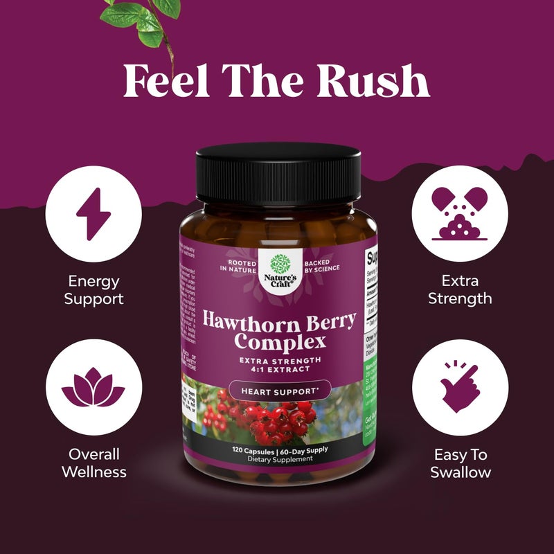 Natures Craft High Strength Hawthorn Berry Capsules - Pure Antioxidant Hawthorn Berry Supplement with Leaf & Flower Extract 4:1 for Heart Health & Digestion - Energy Support for Men & Women - 120 Count Pack - Image 3