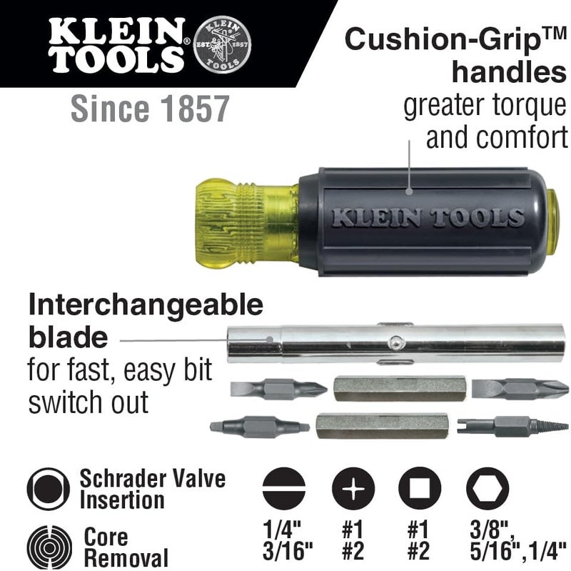 Klein Tools 32527 Multi-Bit Screwdriver/Nut Driver - 11-in-1 with Phillips, Slotted, Square, and Schrader Bits - Image 2