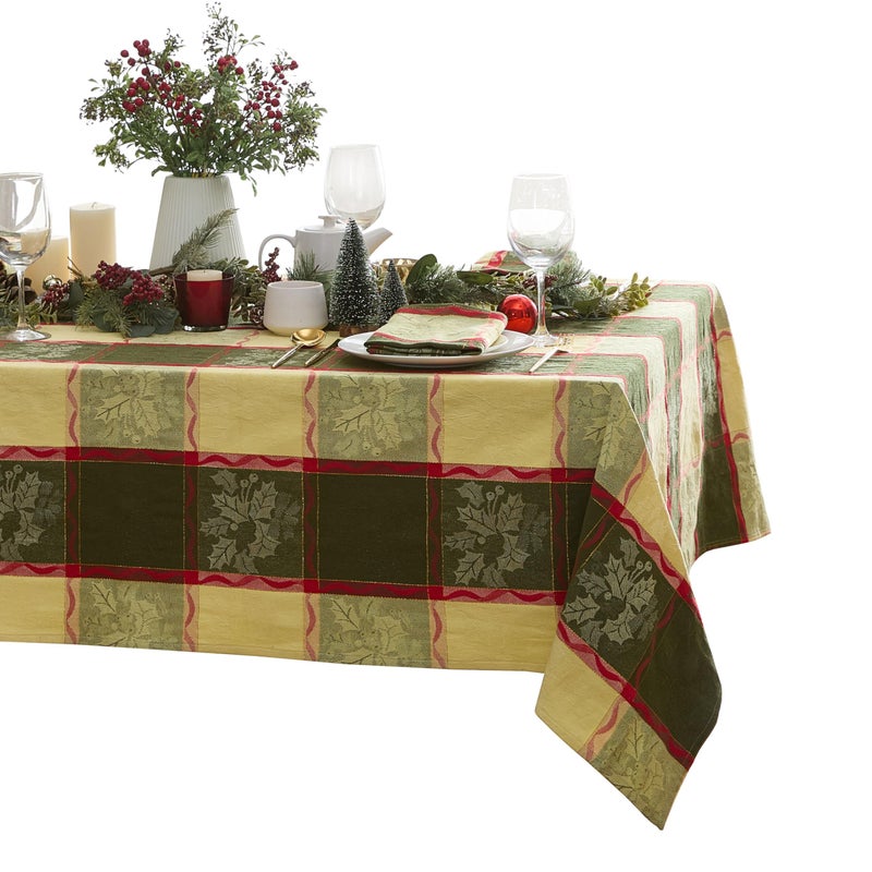 Lintex Golden Mistletoe and Ribbon Christmas Cotton Jacquard Fabric Tablecloth Evergreen Mistletoe Red Ribbon Berry Woven Holiday Xmas Easy Care Dining Table Cover 60 x 102 Rectangle