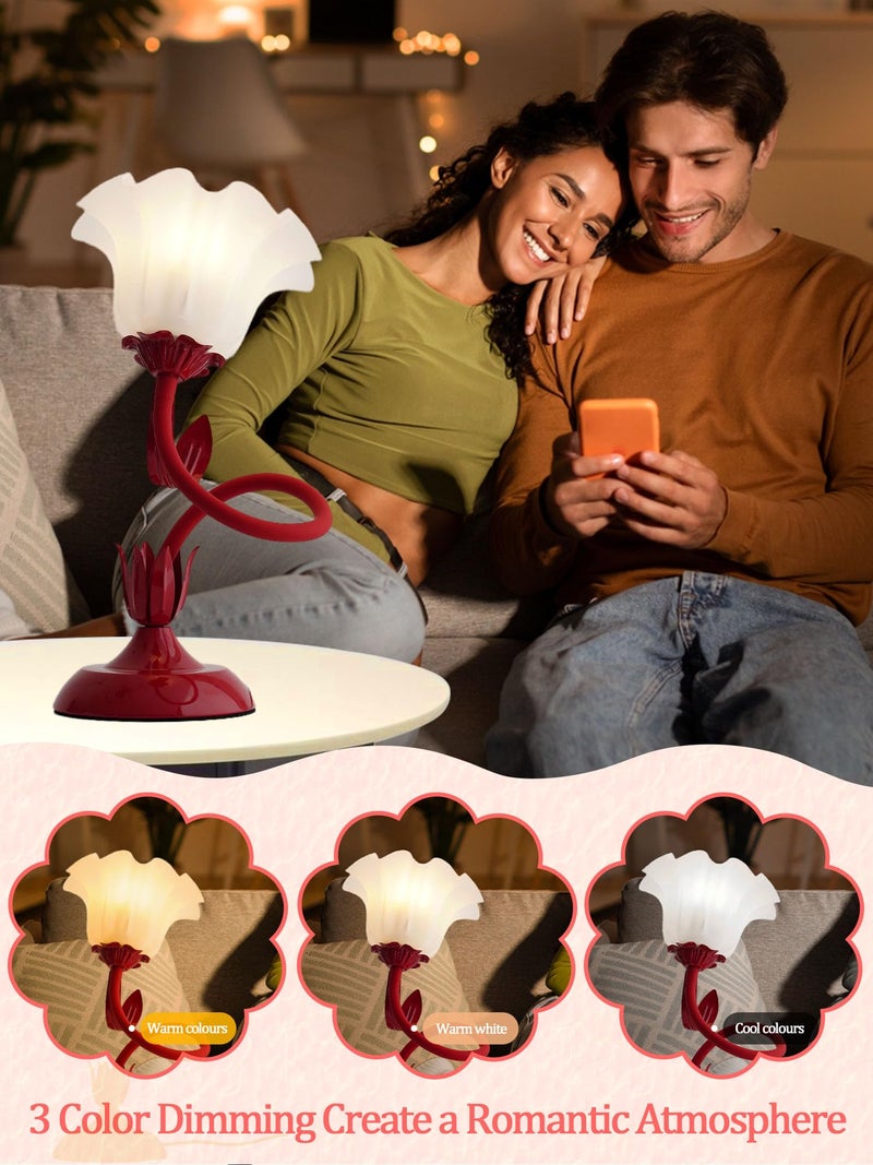 AQDZCNF Flower Table Lamp,LED Reading Light Bedside Vintage Flower Night Light,3 Colors Modes Kawaii Bedside Lamps Decor,Living Room Bedroom Room Lighting Table Lamps Home Decoration (Red) - Image 2