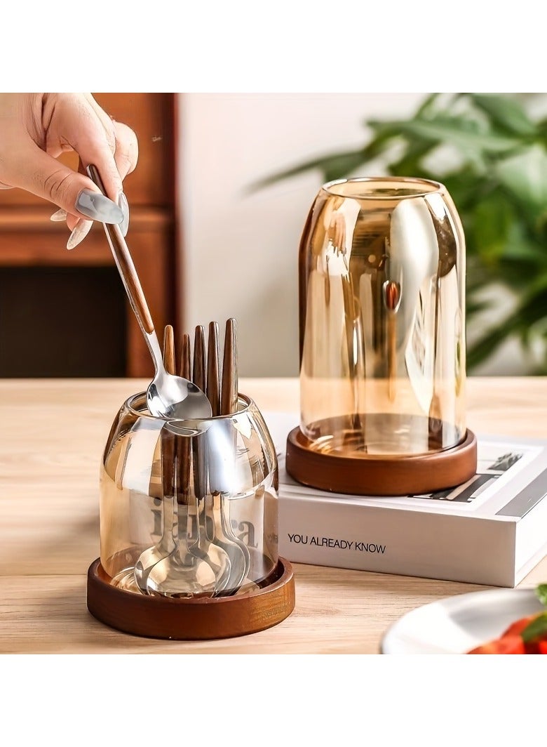 Kitchen Organizer with Tray – Rust-Proof Chopstick & Utensil Holder, Fruit Fork Storage Jar for Desk, Countertop – Space-Saving Tableware Organizer - Image 3