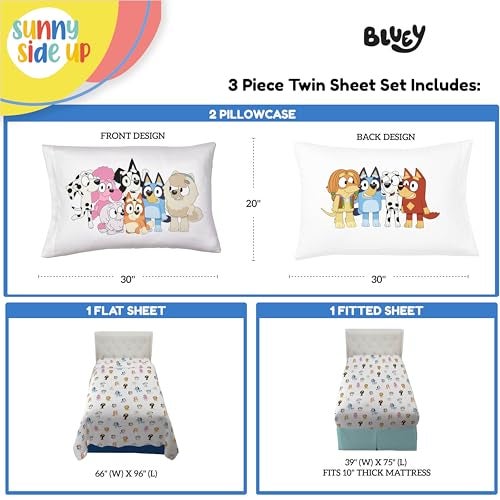 Sunny Side Up Bluey & Friends Twin Sheet Set - 3 Piece Kids Bedding Set Includes Pillow Cover - Super Soft Microfiber Sheets - Image 3