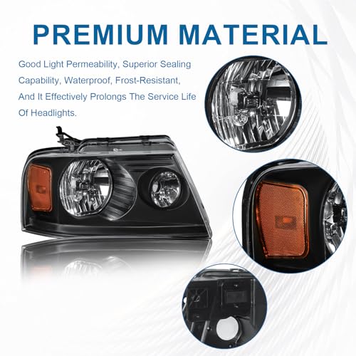 Fullux Headlights for 2004-2008 Ford F150 / 2006-2008 Lincoln Mark LT Pair Front Lights Replacement Headlamps Black Housing Amber Reflector - Image 2
