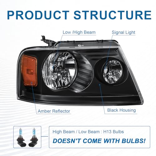 Fullux Headlights for 2004-2008 Ford F150 / 2006-2008 Lincoln Mark LT Pair Front Lights Replacement Headlamps Black Housing Amber Reflector - Image 3
