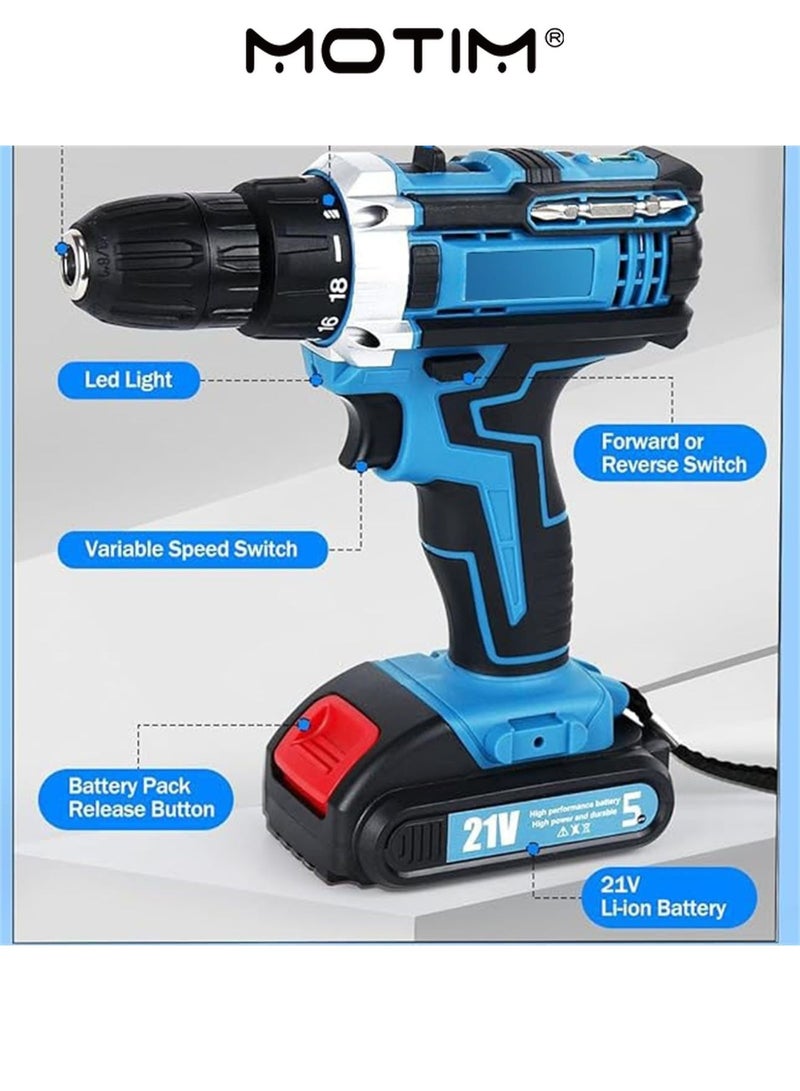 Motim Cordless Drill Kit 21V Max Power Drill Impact Driver Electric Drill Set with 2 * 1500mAh Batteries 2 Speed forward & Reverse Setting Built-in LED - Image 2