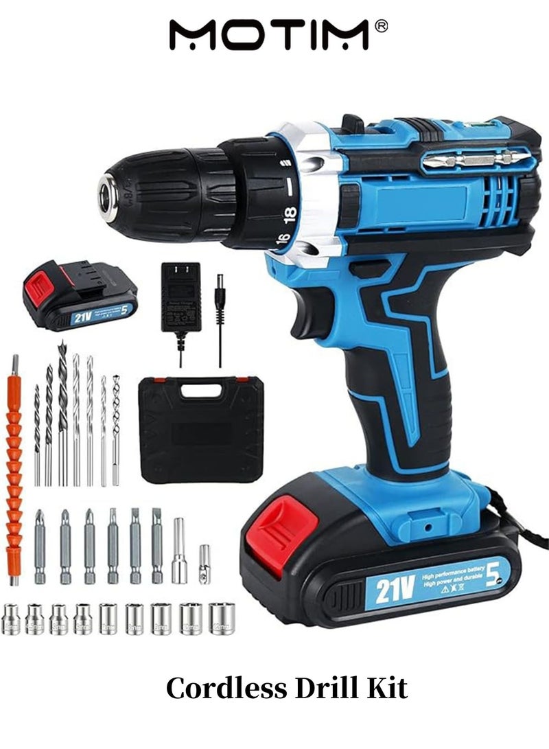 Motim Cordless Drill Kit 21V Max Power Drill Impact Driver Electric Drill Set with 2 * 1500mAh Batteries 2 Speed forward & Reverse Setting Built-in LED - Image 1