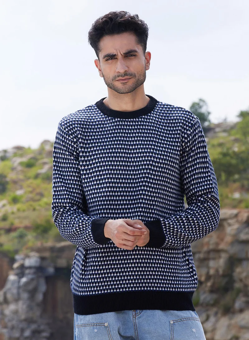 كامبوس سوترا كنزة رجالية محبوكة بنقوش متباينة باللونين الأسود والأبيض