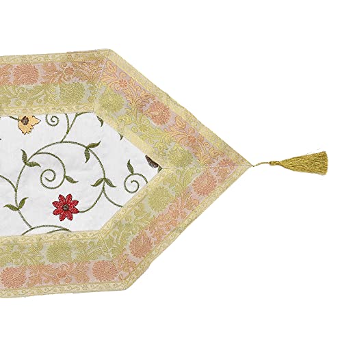 E - Ezra E-EZRA Hand Embroidery Jacquard Silk 72 Inch Long Dinning Table Runner for Home & Decor 72 by 14 Inch (White) - Image 3