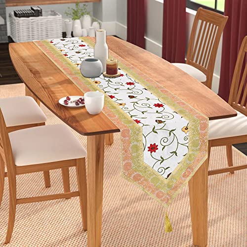 E - Ezra E-EZRA Hand Embroidery Jacquard Silk 72 Inch Long Dinning Table Runner for Home & Decor 72 by 14 Inch (White) - Image 1