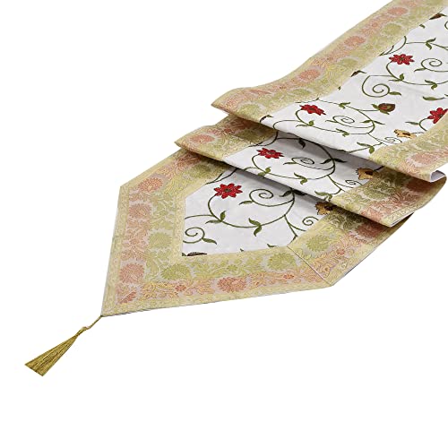 E - Ezra E-EZRA Hand Embroidery Jacquard Silk 72 Inch Long Dinning Table Runner for Home & Decor 72 by 14 Inch (White) - Image 2