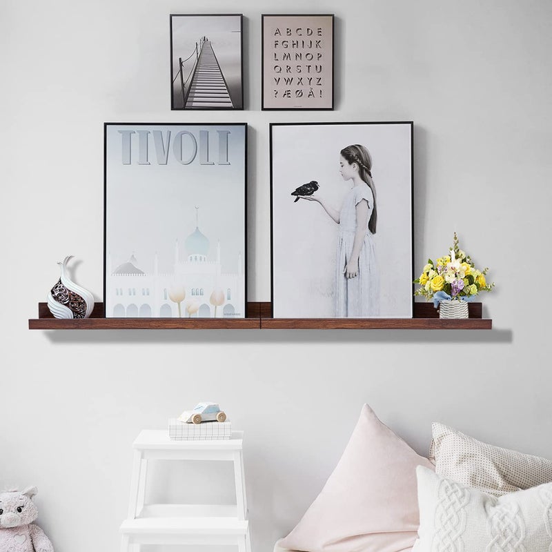 AZSKY Floating Book Shelves Wall Mounted Photo Shelf Picture Ledge Deep Walnut Display Shelves for Home Living Room Bedroom Bathroom Office Set of 2 - Image 2