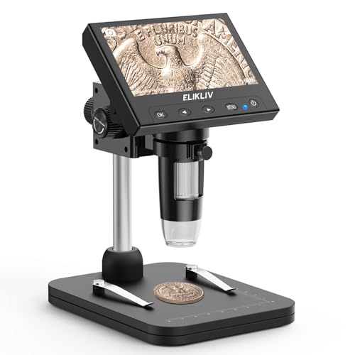 Elikliv Coin Microscope, 4.3'' LCD Digital Microscope 1000x, Coin Magnifier with 8 Adjustable LED Lights, PC View Compatible with Windows/Mac, EDM4B, Black - Image 1