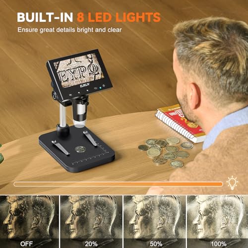 Elikliv Coin Microscope, 4.3'' LCD Digital Microscope 1000x, Coin Magnifier with 8 Adjustable LED Lights, PC View Compatible with Windows/Mac, EDM4B, Black - Image 4