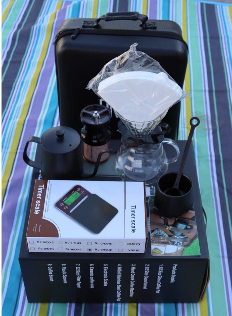 عربست طقم قهوة V60 - 9 قطع مع حقيبة حمل محمولة، غلاية قهوة مع إبريق قهوة بفلتر قهوة بالتنقيط، فلاتر، ميزان قهوة، كوب مزدوج الجدار، مطحنة قهوة يدوية - Image 5
