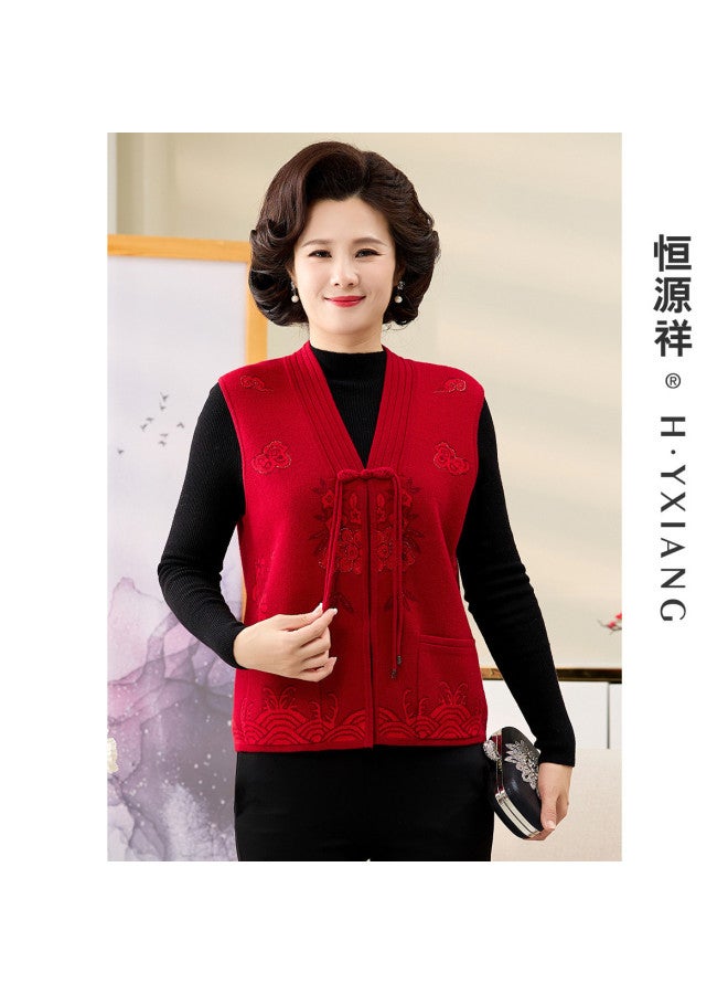 Hengyuanxiang New Chinese Style [Pure Wool] Autumn Winter Mother'S Wear Wool Cardigan Zodiac Year Vest Middle-Aged Sweater Waistcoat - Image 5