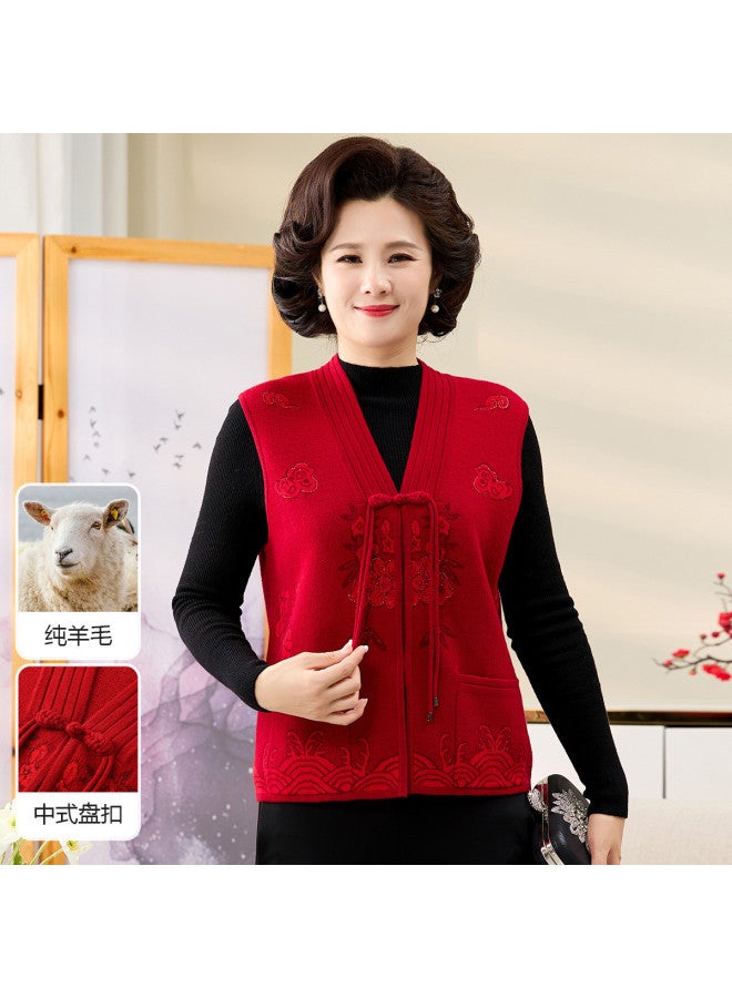 Hengyuanxiang New Chinese Style [Pure Wool] Autumn Winter Mother'S Wear Wool Cardigan Zodiac Year Vest Middle-Aged Sweater Waistcoat - Image 2