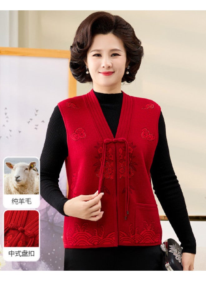 Hengyuanxiang New Chinese Style [Pure Wool] Autumn Winter Mother'S Wear Wool Cardigan Zodiac Year Vest Middle-Aged Sweater Waistcoat - Image 1