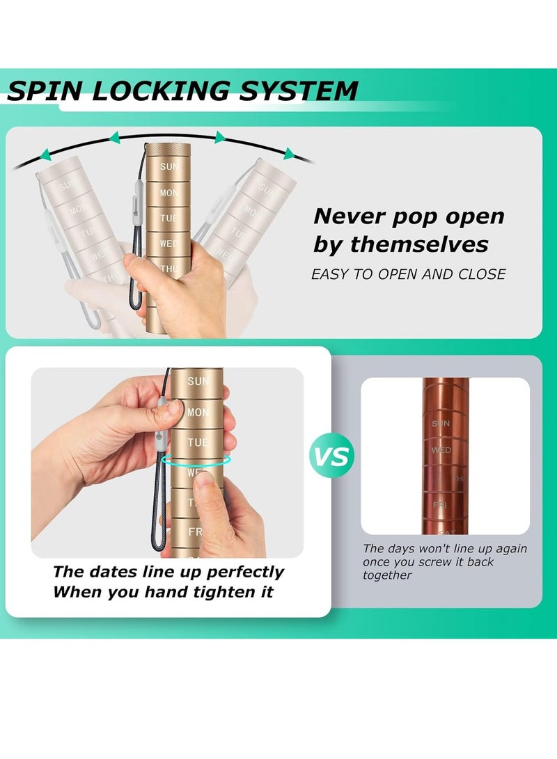 SYOSI منظم حبوب السفر الأسبوعي، علبة حبوب معدنية مقاومة للماء، حامل حبوب، مقاوم للرطوبة، علبة حبوب يومية، حاوية حبوب كبيرة لمدة 7 أيام لحمل الفيتامينات والأدوية ومكملات زيت السمك، ذهبي - Image 4