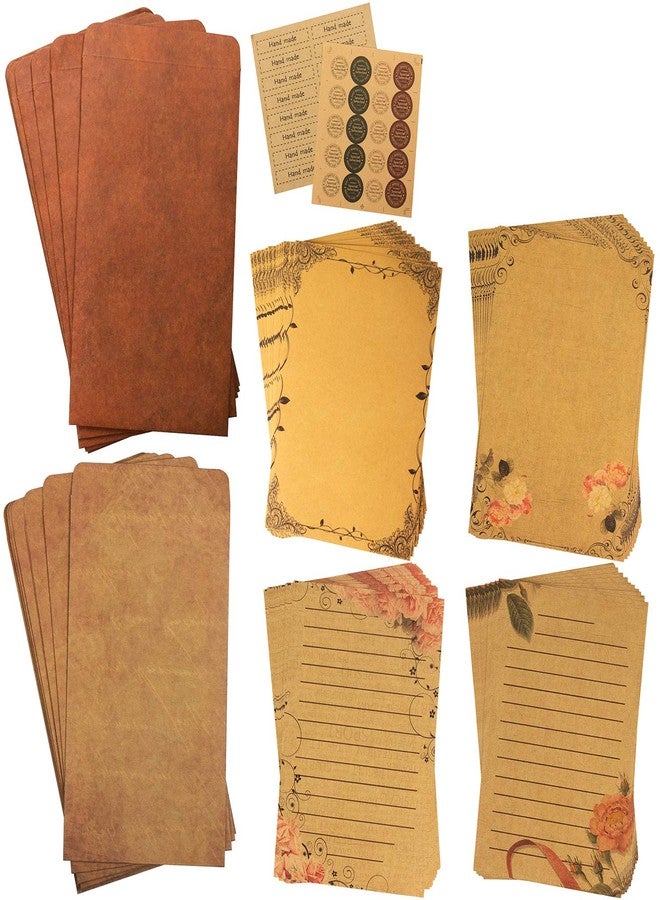 CenterZ Vintage Stationary Paper + Kraft Envelopes Set with Seal Stickers (64pcs 4 Patterns 8.3 x 5.7 Writing Stationery Papers, 20pcs 2 Colors 7.9 x 4.7 Letter Envelope, 36pcs 2 Styles Rustic Seals) - Image 1