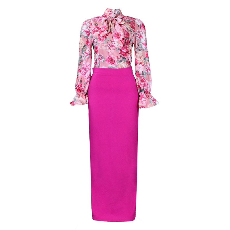 Fashion Print Tie-Waist Shirt Skirt Set Pink  - Image 1