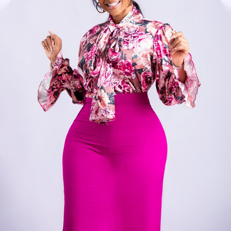 Fashion Print Tie-Waist Shirt Skirt Set Pink  - Image 4