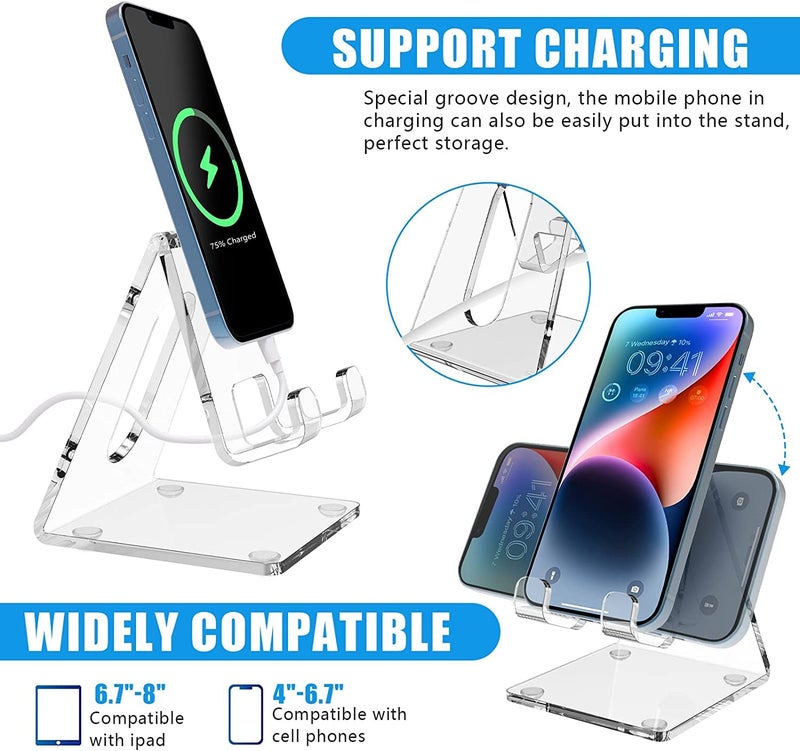 GEOCARTER Crystal Clear Acrylic Mobile Stand for Desk | Transparent Phone Holder for Office, Home, Study & Bedside | Durable Universal Cell Phone Stand Compatible with All Smartphones - Image 2