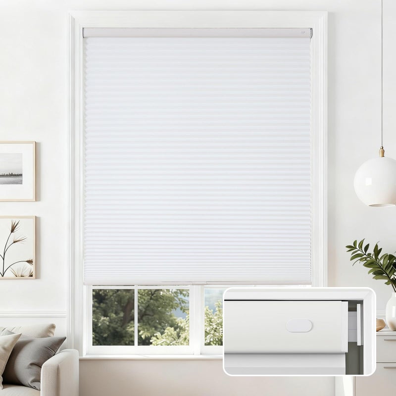 Joydeco No Tools No Drill Cordless Cellular Shades, Light Filtering Honeycomb Blinds for Indoor Windows, Thermal Insulating & Noise Reducing (White, 20" W x 64" H) - Image 1